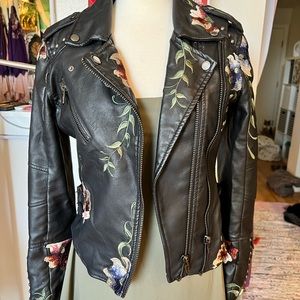 Blank NYC black embroidered vegan leather moto jacket Small
